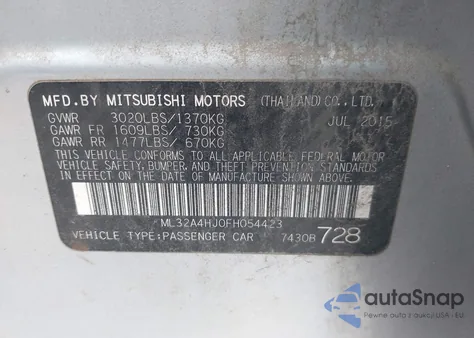 2015 Mitsubishi Mirage Es z USA, uszkodzony, nr VIN ML32A4HJ0FH054423